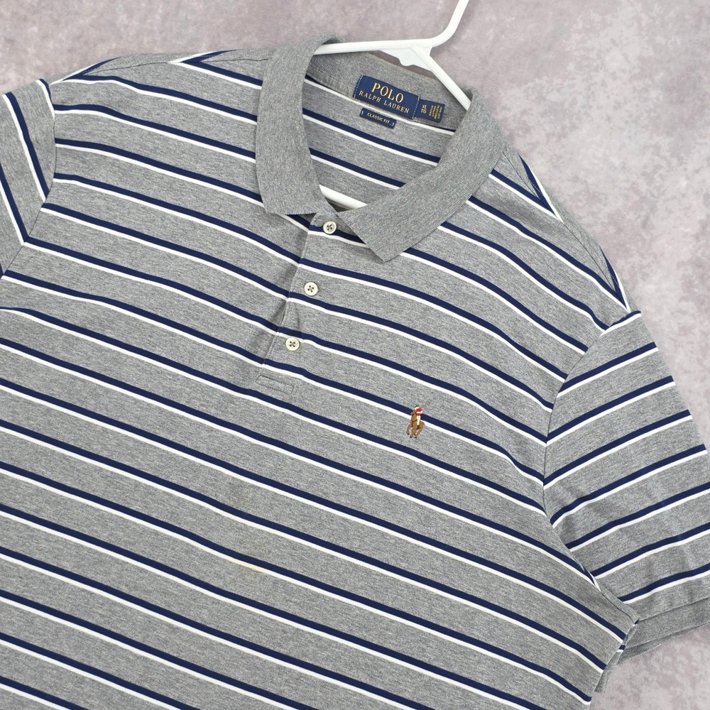 Polo Ralph Lauren Striped Polo Shirt Mens XL Classic Fit Gray Navy Blue White
